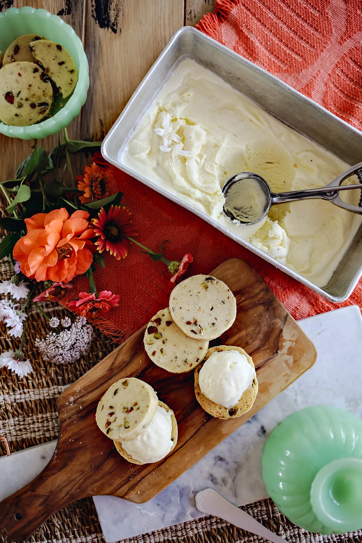 Orange Blossom Olive Oil Ice Cream & Pistachio Shortbread Cookies